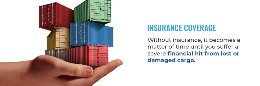 hand holding cargo containers and text about insurance coverage for cargo