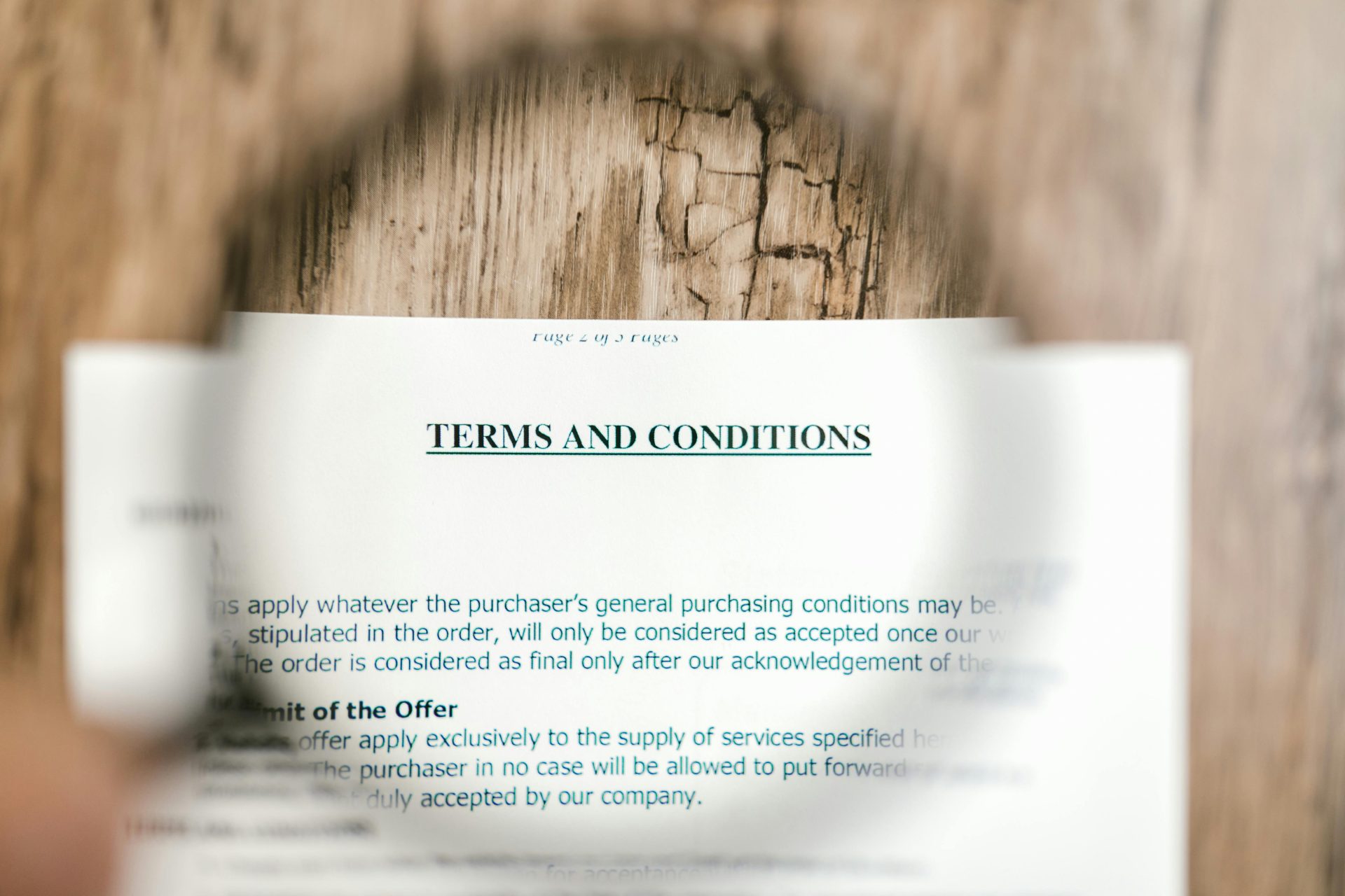 Terms and conditions on a piece of paper